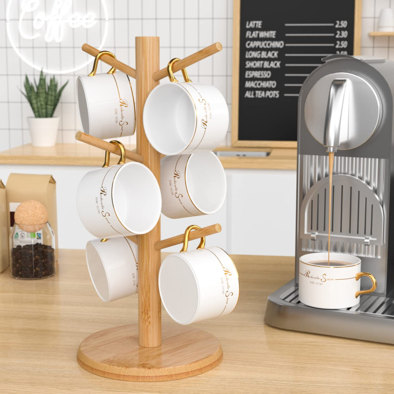Set of 6 Mugs with Bamboo Rack