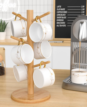 Set of 6 Mugs with Bamboo Rack